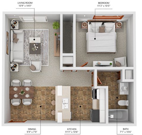 Floor plan for 1 bed, 1 bath, 572 sqft